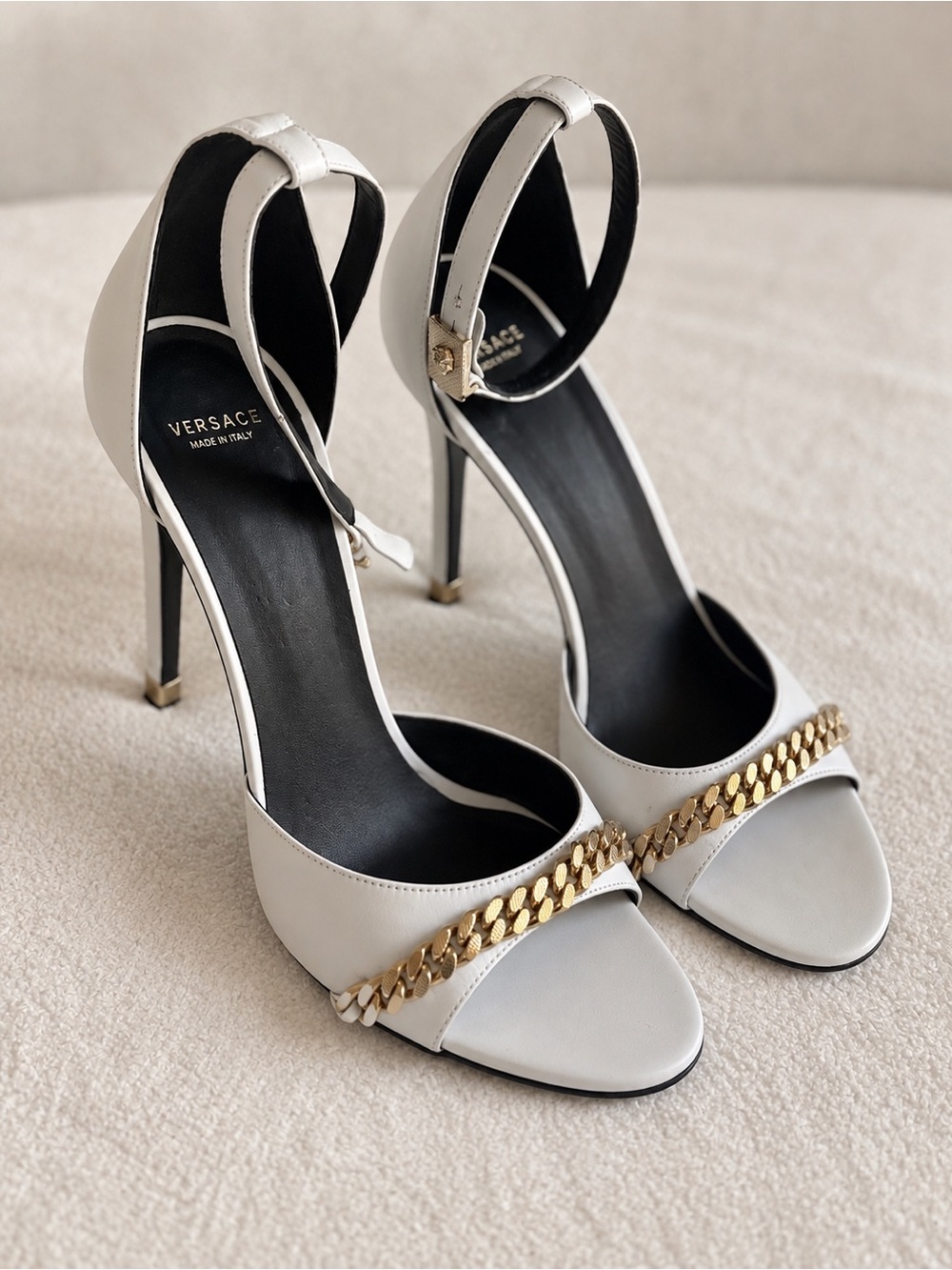 Versace White Leather Gold Chain Stiletto Sandals Heels Size 40